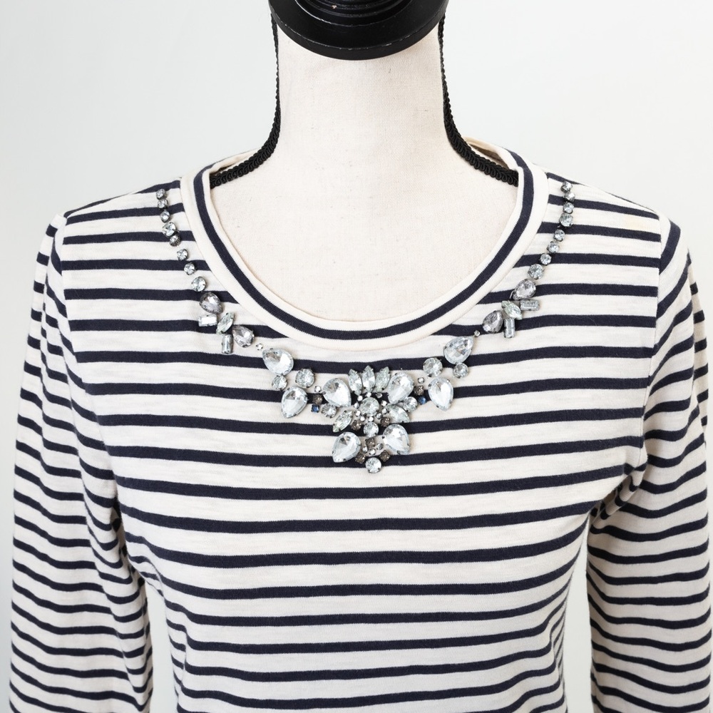 J Crew Factory navy & ivory stripe jeweled rhinestone t-shirt XS